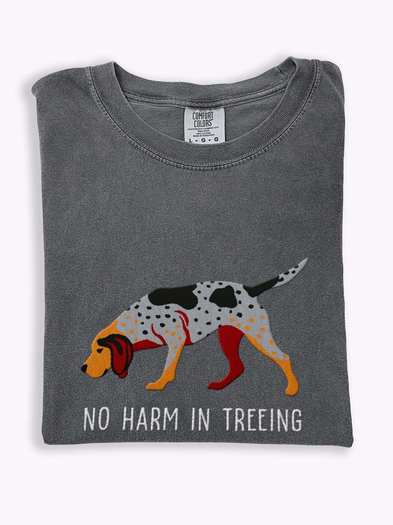No Harm in Treeing T-Shirt(Embroidered) of an American English Coonhound product image (1)