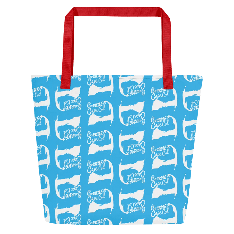 BOURNE to Cape Cod™ | Large Tote Bag with Pocket | Coastal Classic | All-Over Logo Print | White Logo Repeat on Deep Sky Blue product image (4)