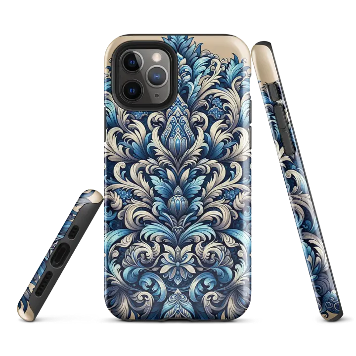 Tough Phone Case for iPhone® - Rococo Damask Floral Design in Blues and Gray product image (1)