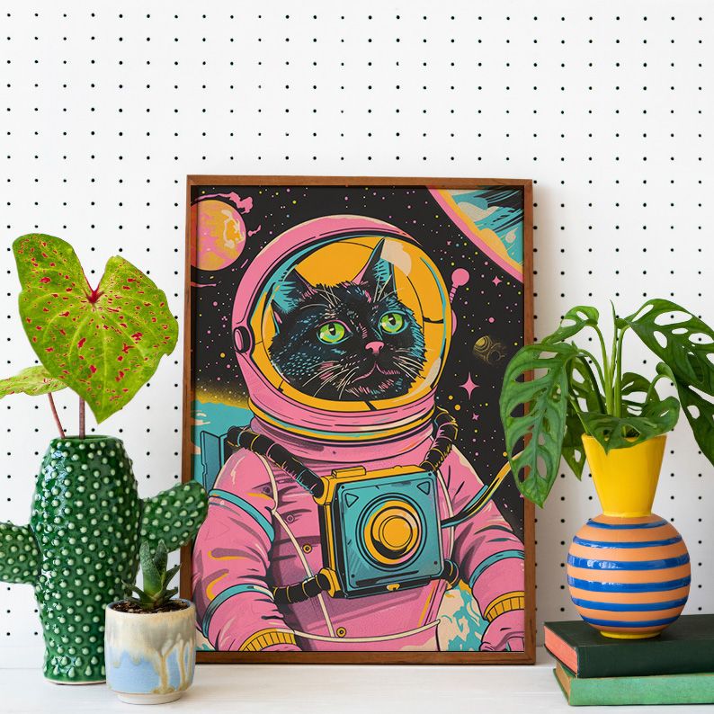 Astronaut Cat in Space Retro Wall Art Print product image (22)