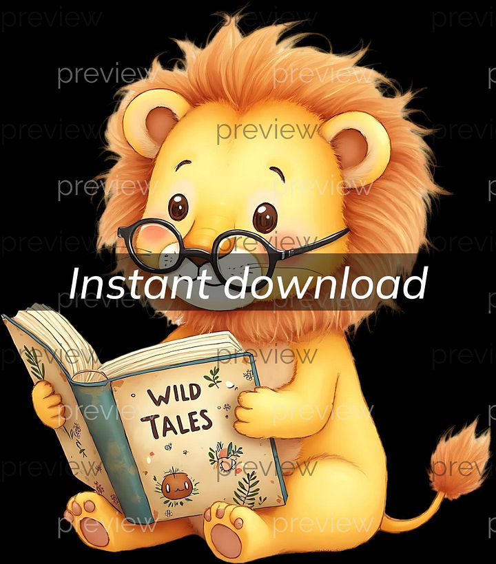 Adorable Cartoon Lion with Glasses Reading WILD TALES - Perfect Clipart for Kids' Designs and Sublimation Projects Commercial Use License product image (1)