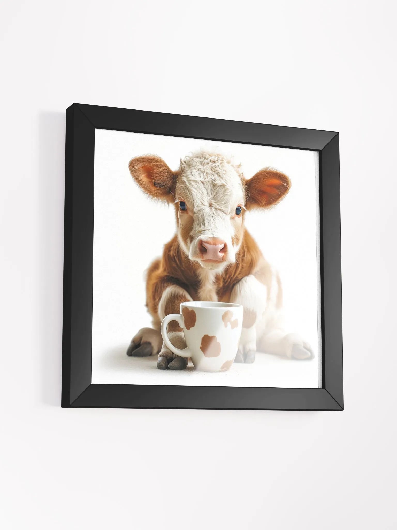 Cute Coffee Lover Baby Brown and White Cow Framed Wall Art product image (4)