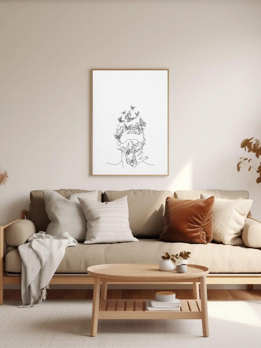Butterfly Line Art Print - Minimalist One-Line Drawing of Woman with Butterflies, Modern Wall Art, Black and White Feminine Decor product image (2)