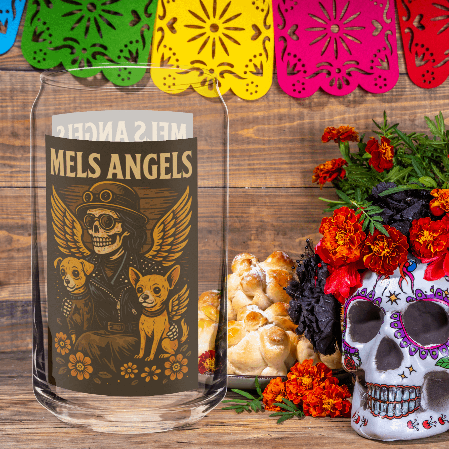 Mel’s Angels Skeleton Rider Can-Shaped Glass – 16oz Retro Biker Art Beer & Cocktail Glass product image (1)