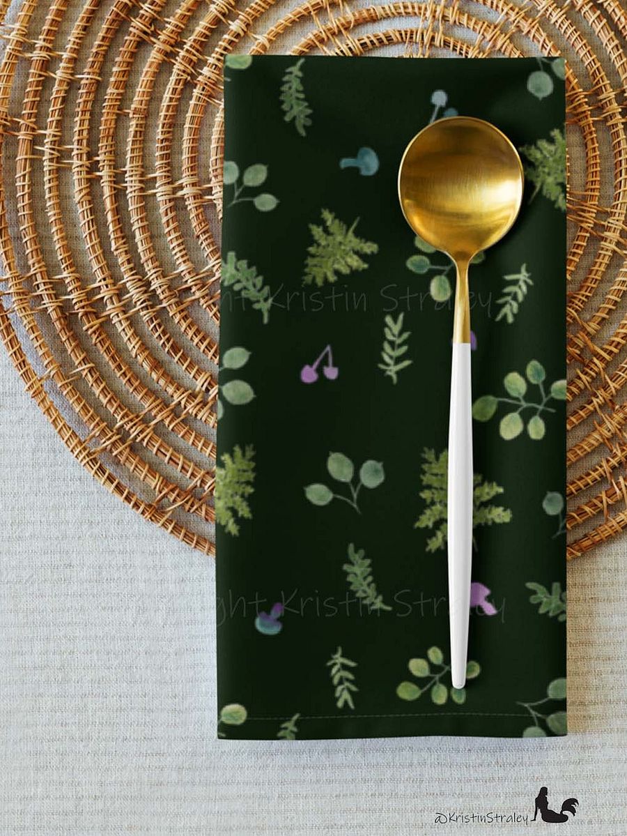 Woodland Ferns & Mushrooms on Dark Green Cloth Napkin Set of 4 product image (7)