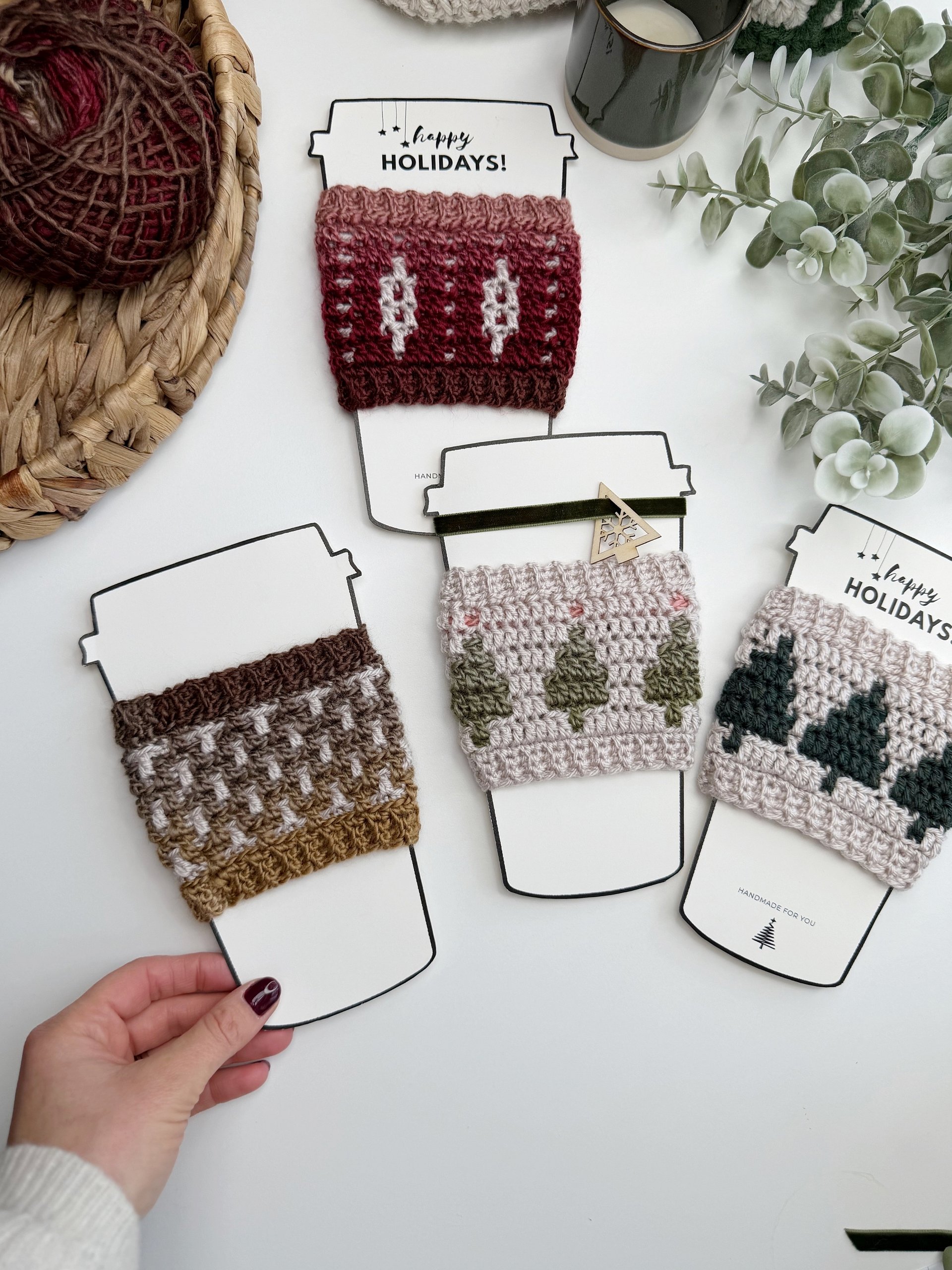 CROCHET PATTERN + VIDEO Holiday Coffee Cup Sleeve - 4 designs, Winter Mug Cozy Pdf, Christmas Trees & Festive printable product image (2)