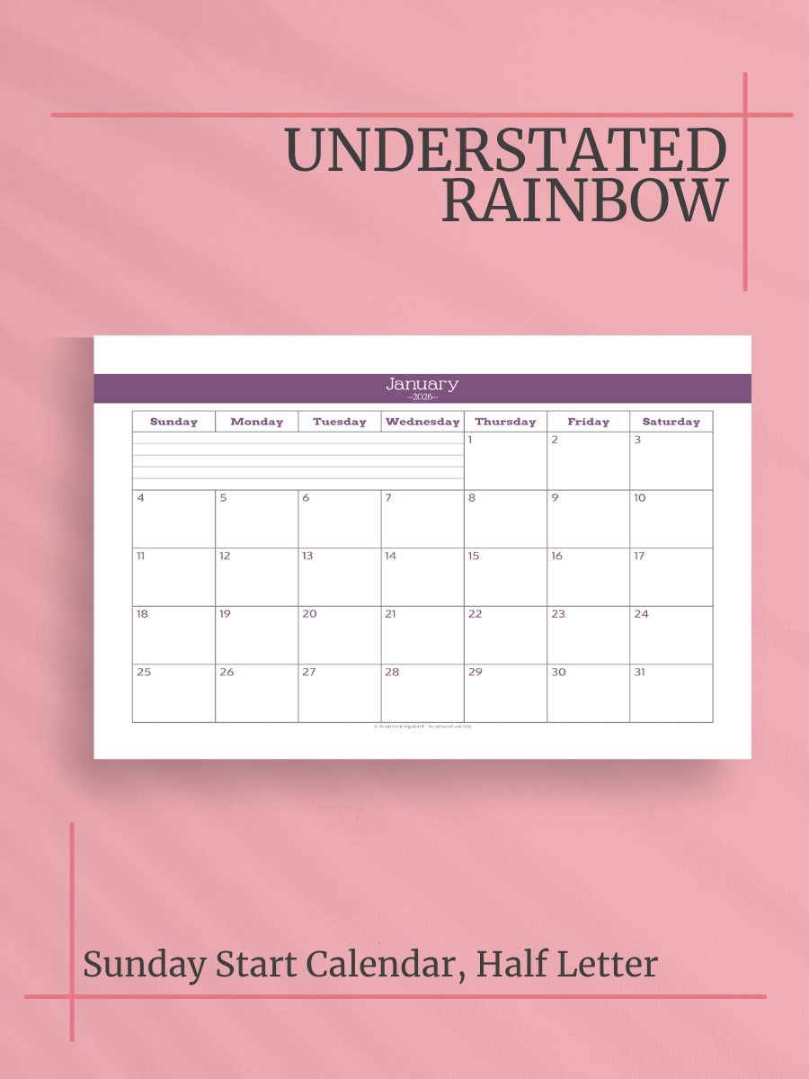Understated Rainbow 2026 Calendar - Single Page per Month, Sunday Start, Half Letter Size product image (1)