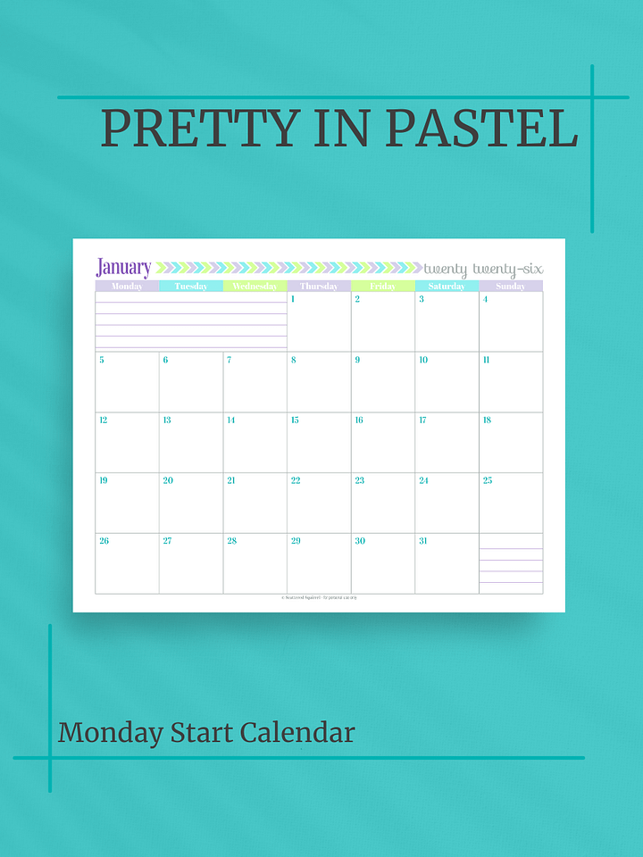 Pretty in Pastel 2026 Calendar - Single Page per Month, Monday Start, Letter Size product image (1)