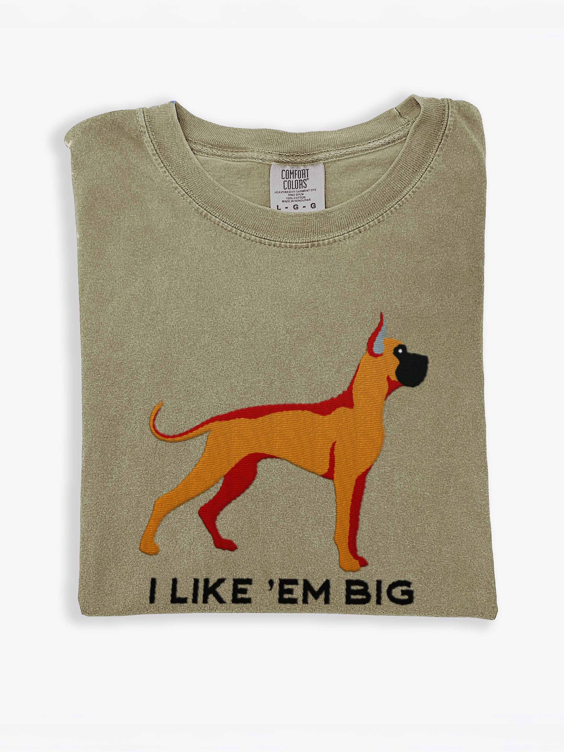 I Like 'Em Big T-Shirt(Embroidered) of a Great Dane(Tan, Black Mask & Cropped Ears) product image (1)