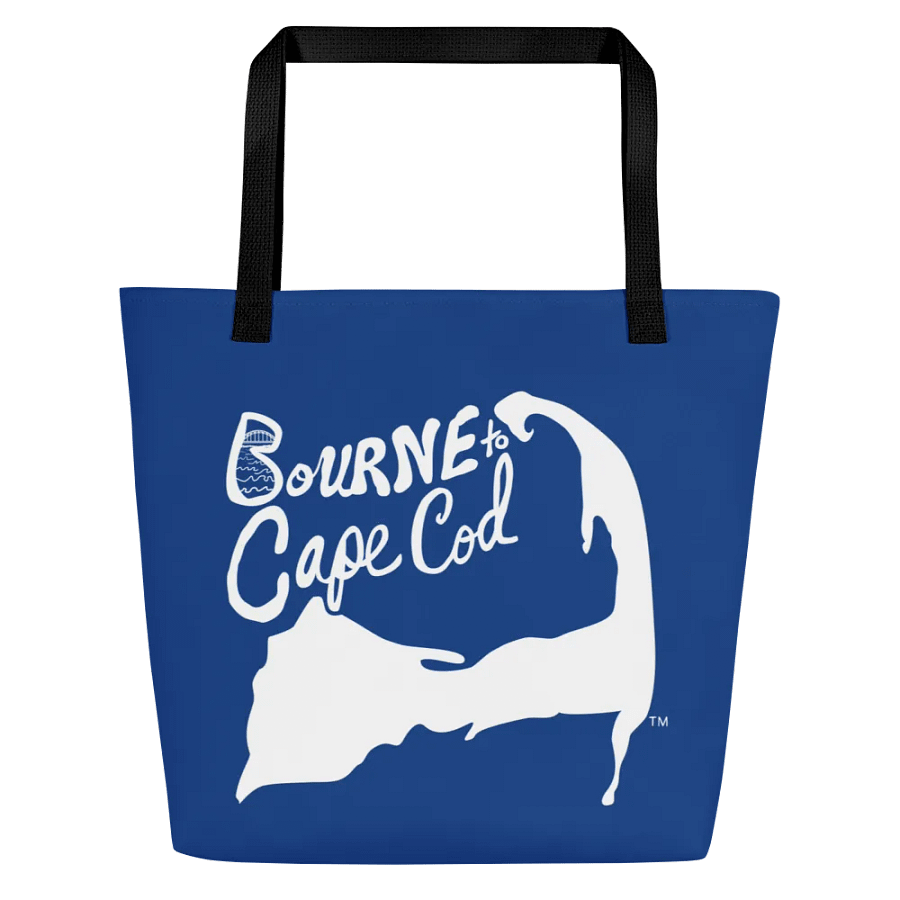 BOURNE to Cape Cod™ | Large Tote Bag with Pocket | Coastal Classic | All-Over Logo Print | White Logo on Vista Cerulean Blue product image (1)