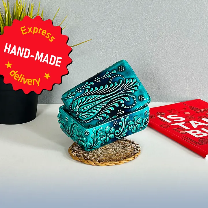 Ceramic jewelry box, turquoise/green/emerald — handmade pottery product image (1)