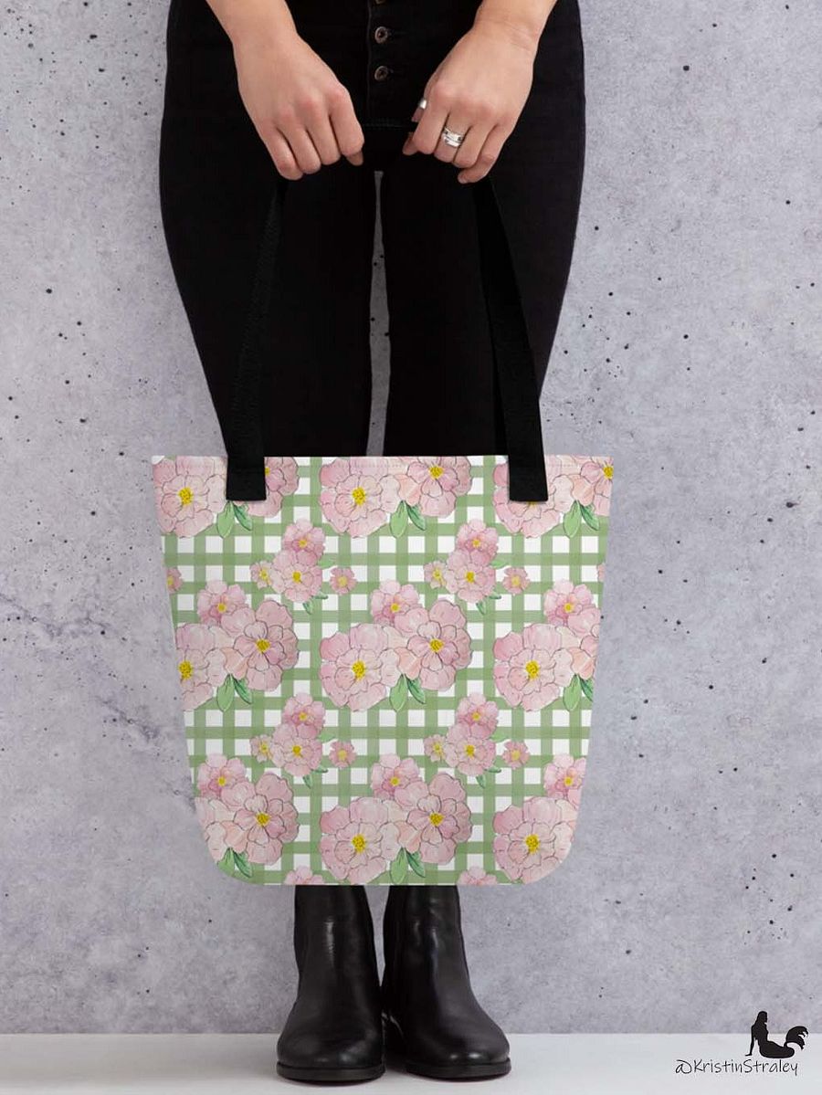 Gingham Blossoms - Med Pink Flowers on Green Gingham product image (6)