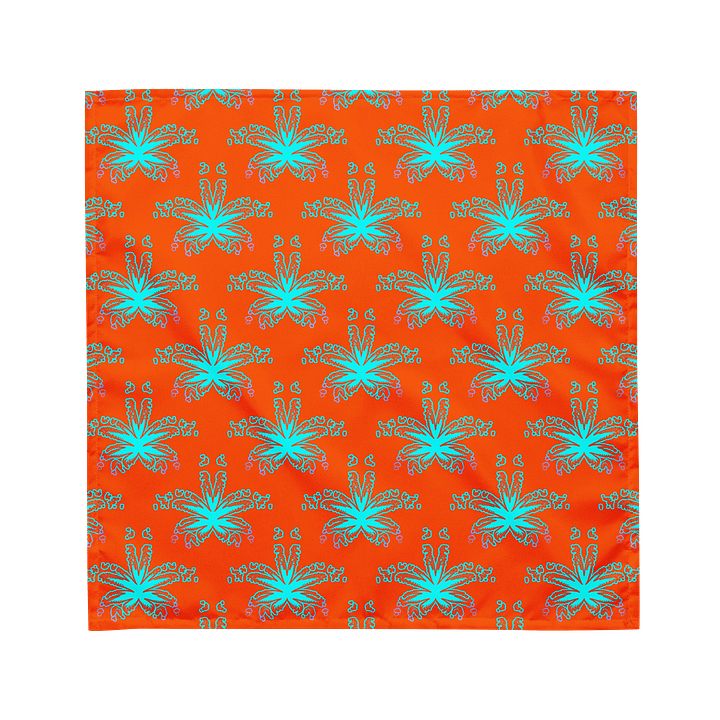 Orange Aqua Blue Budz Cannabis Beach Bandana, Stoner Summertime Style 420 Fashion Accessory, Weird Weed Leaves Pattern, Twisted Pot Leaf Art product image (1)