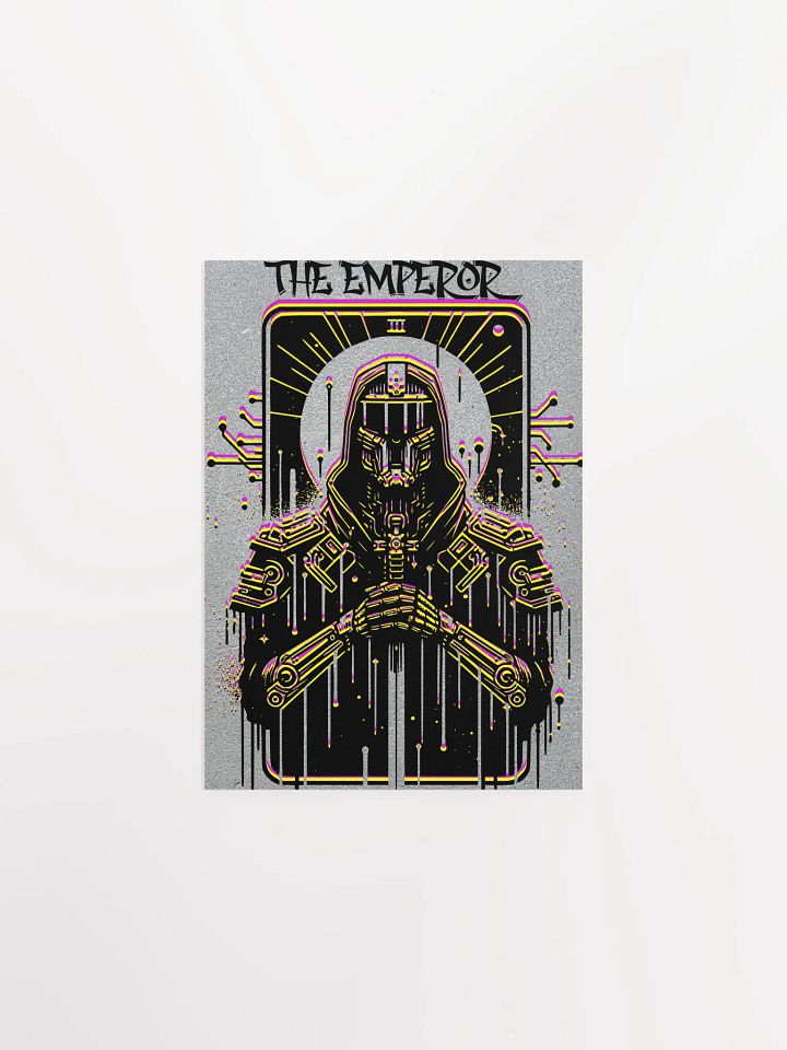 Cyberpunk Tarot Wall Art Poster – "The Emperor" Card with Hooded Leather Coat, Armored Gauntlets & Sword – Futuristic Graffiti Stencil Artwork product image (4)