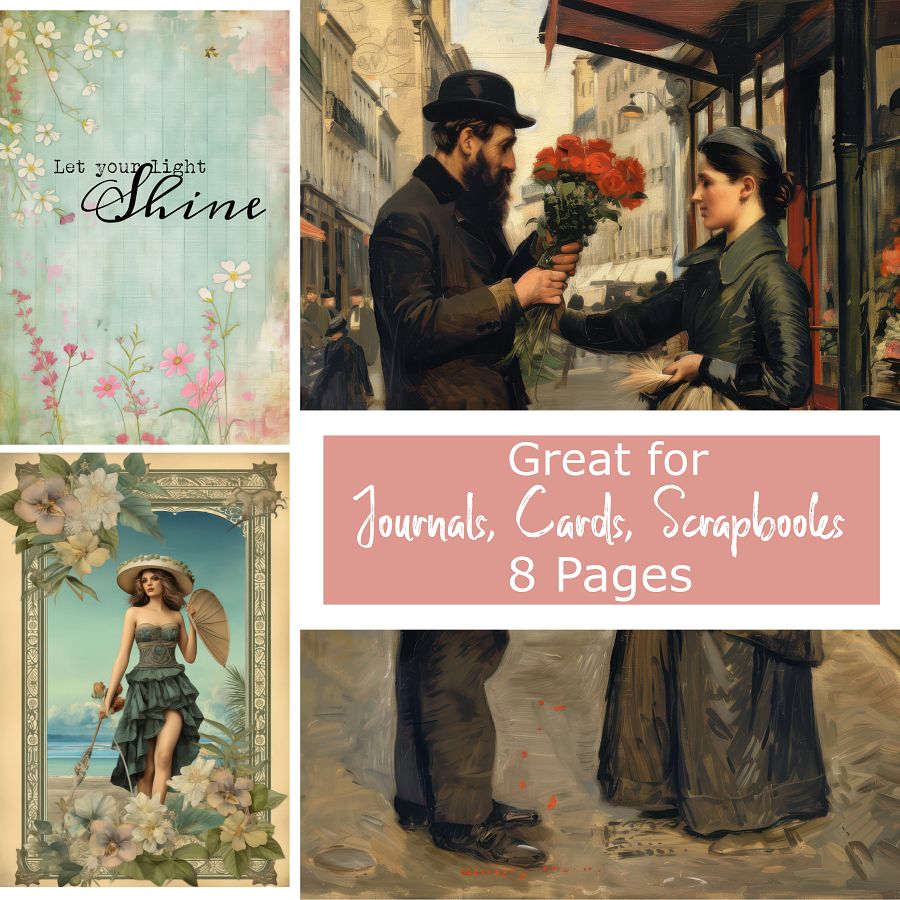 Victorian Style Journal and Scrapbooking Cards - Printable Set of 8 (4x6 inches) with Pretty Ladies, Pink Roses, and More product image (2)