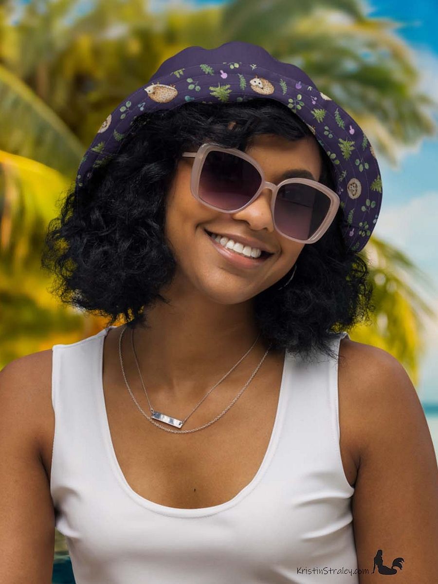 Hedgehogs Reversible Bucket Hat in Hedgehogs on Plum and Solid Plum product image (3)