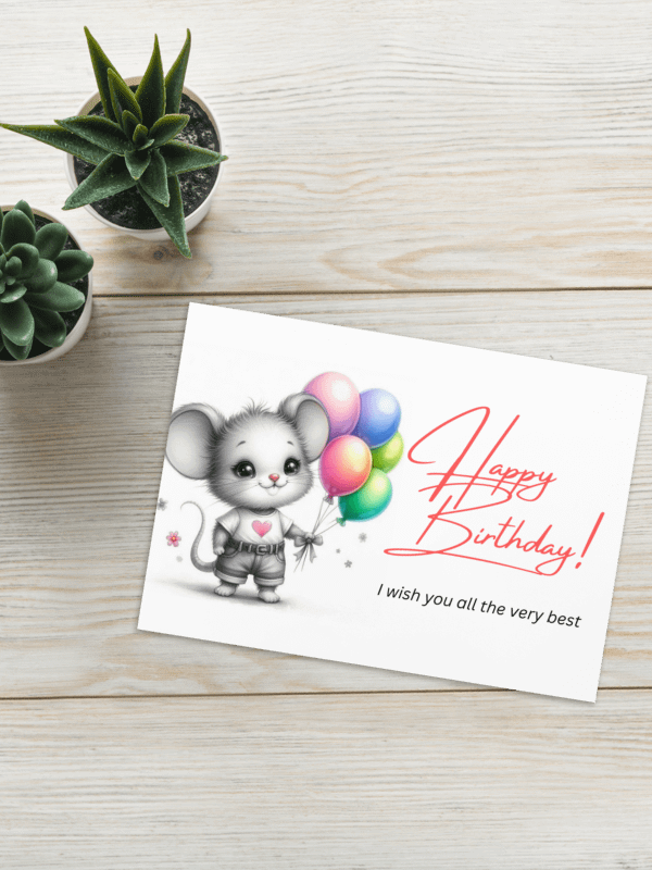 Original Birthday Card | Mouse with Balloons | White and Simplistically Beautiful | Digital Download | Crystal Clear A5 Print product image (1)