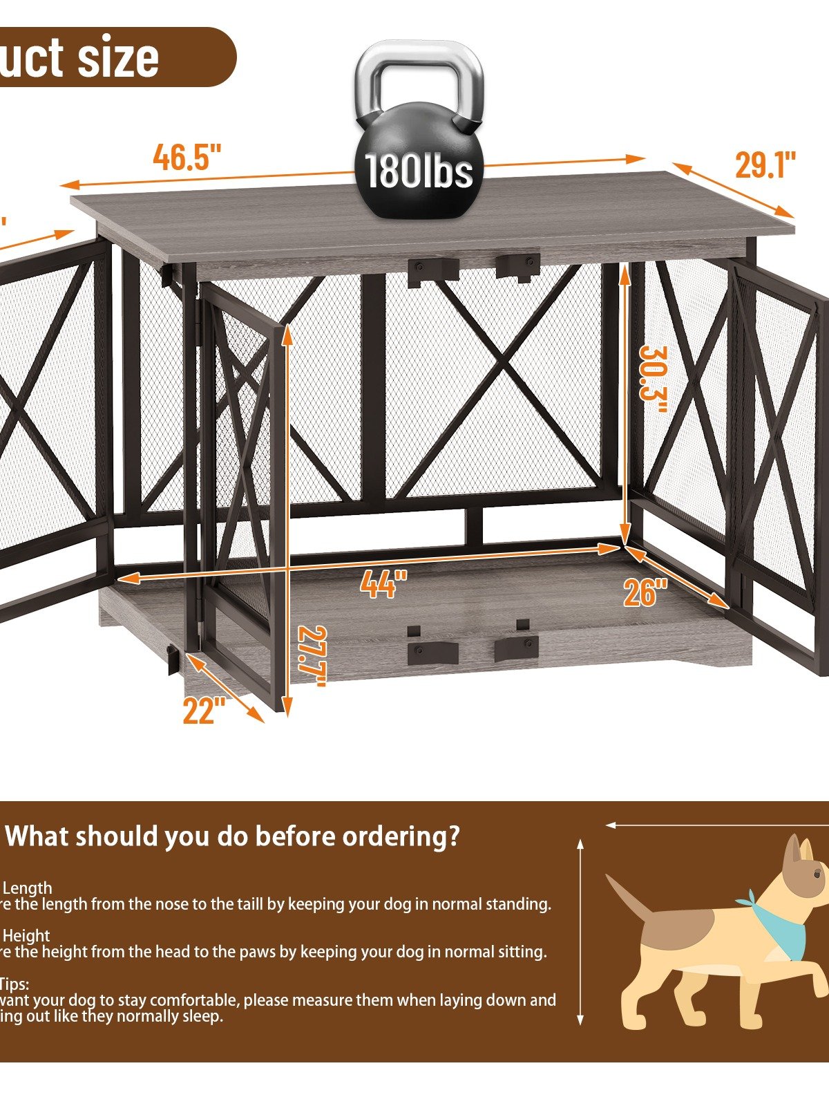 48 inch Extra Large Dog Crate Furniture,Double Door Indoor Kennel,End Side Table Wooden Dog Crates,Anti-Chew Anti-Escape, Gray product image (2)