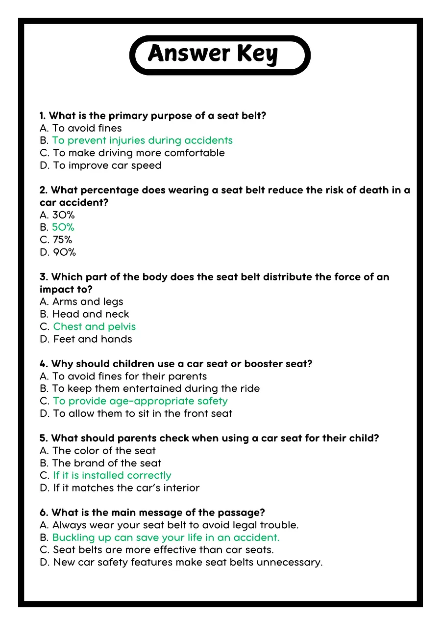 Seat Belt Safety Reading Passage with Comprehension Questions product image (4)