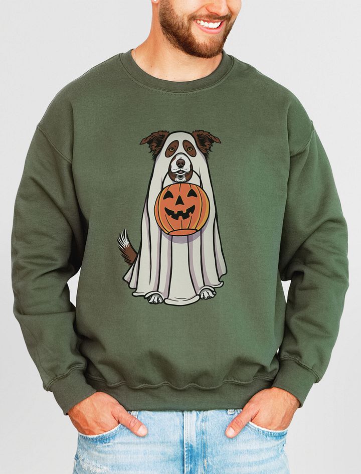 Funny Halloween Border Collie(Brown) Sweatshirt | Funny Border Collie Wearing a Ghost Costume and Holding a Pumpkin Basket product image (15)