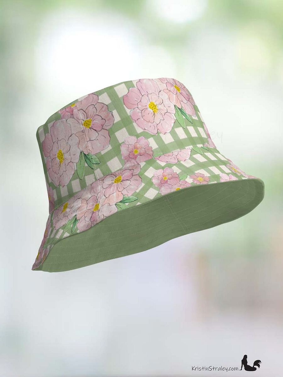 Pink Flowers on Gingham and Solid Green Reversible Bucket Hat product image (8)