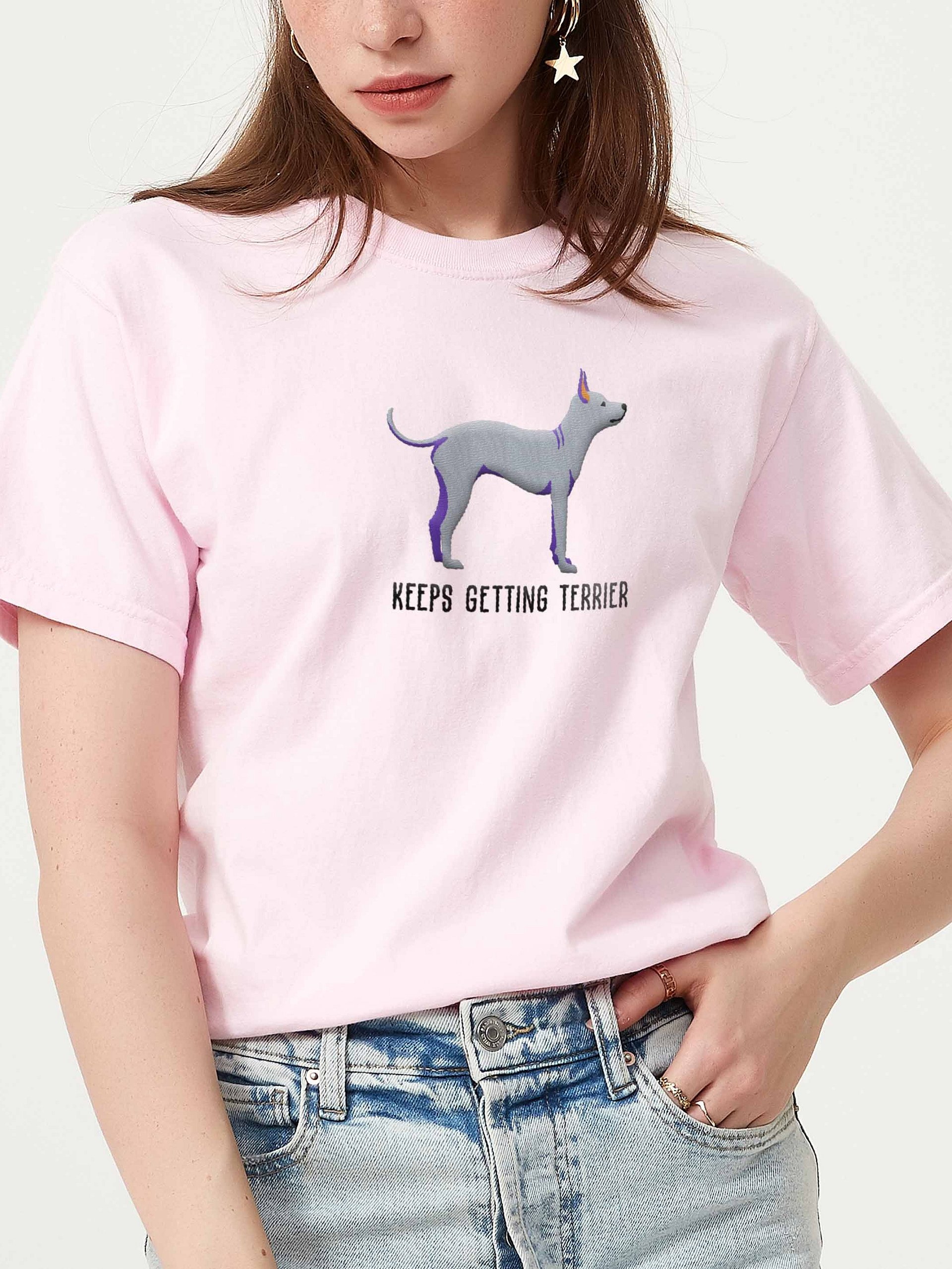 Keeps Getting Terrier T-Shirt(Embroidered) of an American Hairless Terrier(Gray) product image (2)