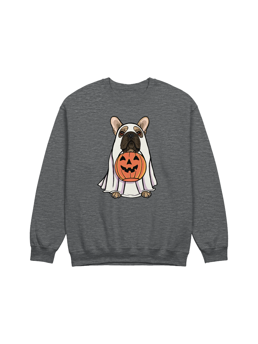 Funny Halloween French Bulldog Sweatshirt | Funny Frenchie Wearing a Ghost Costume and Holding a Pumpkin Basket product image (7)