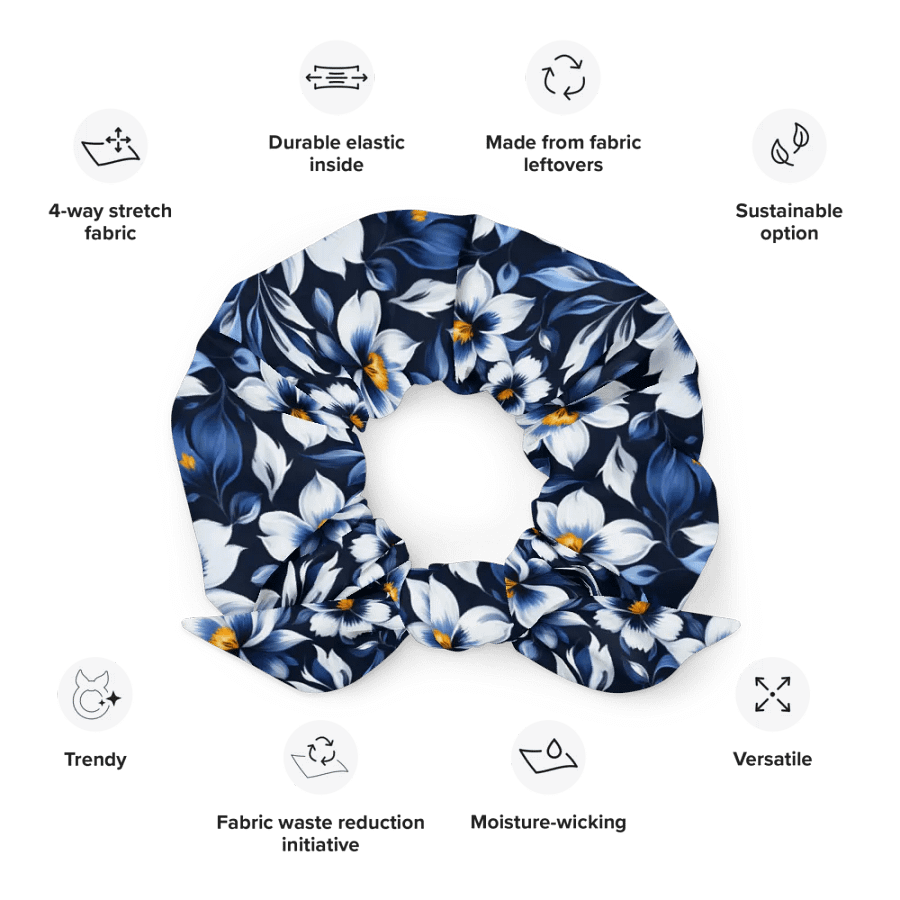 Hair Scrunchie - Floral Pattern in Blue and White on a Dark Blue Background product image (12)