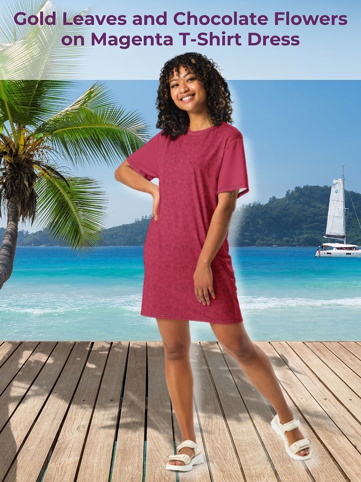Gold Leaves and Chocolate Flowers on Magenta Women's T-shirt Dress product image (1)