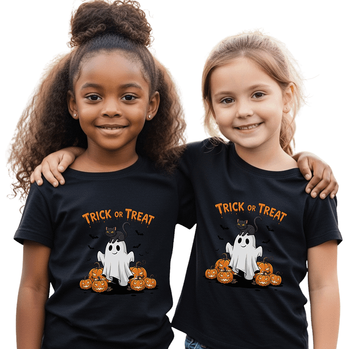 Unisex Toddler Halloween T-Shirt | Trick or Treat Ghost Tee with Pumpkins & Cat | Cute Unisex Shirt 2T-5T product image (2)