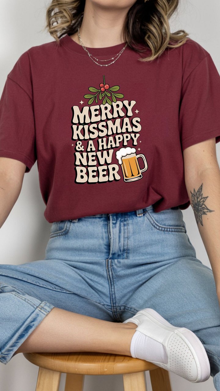 Merry & Kissmas & a Happy New Beer T-Shirt | Funny Christmas Beer Tee | Holiday Drinking Shirt | Gift for Beer Loves | Friends Christmas Gift product image (1)