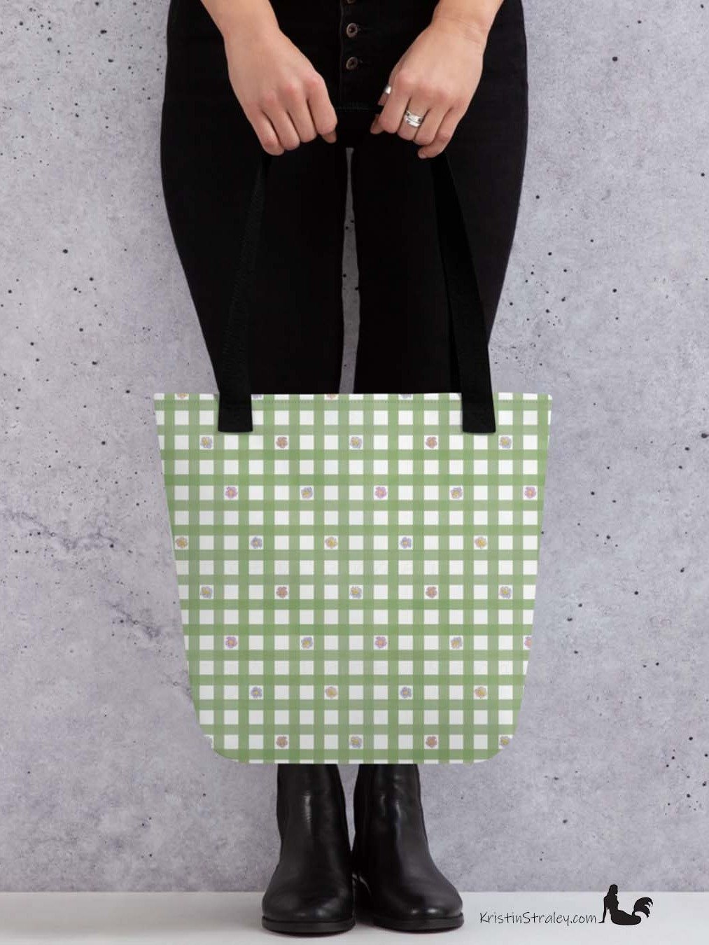 Gingham Blossoms - Small Flowers in Green Gingham Tote Bag product image (6)