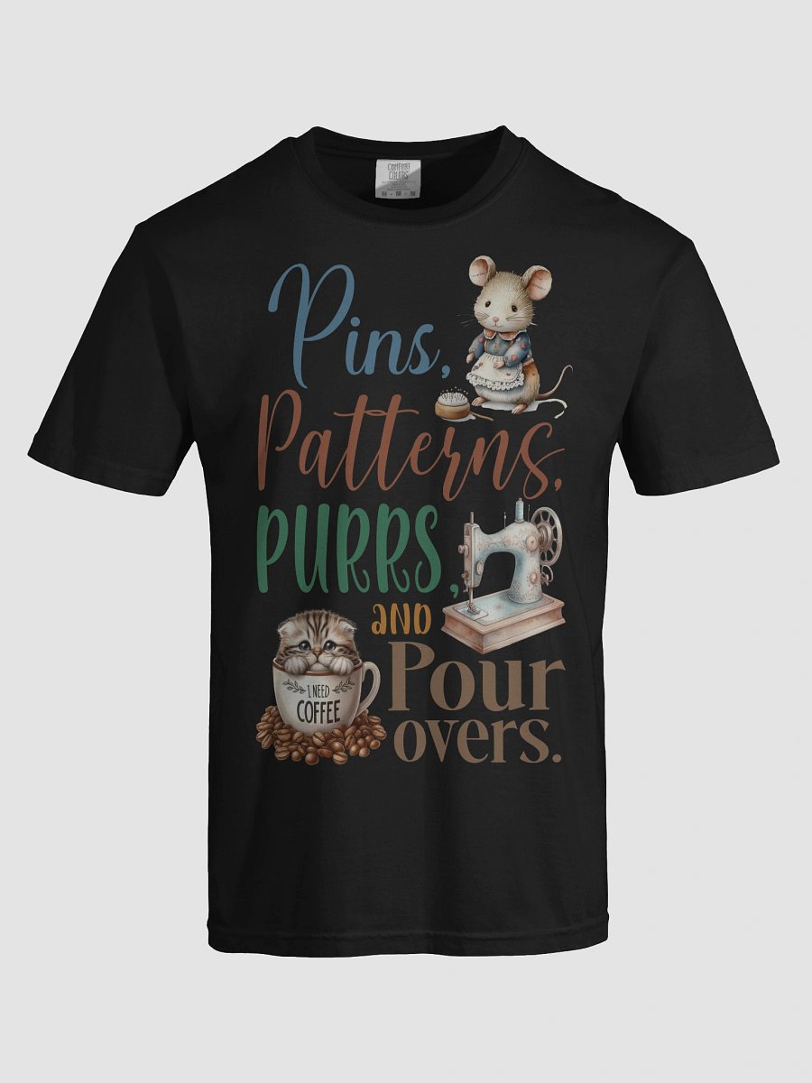 Whimsical Pins Patterns Purrs Coffee Sewing Cat T-Shirt product image (7)