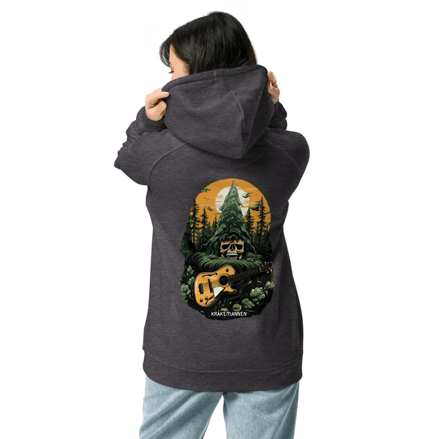 Unisex Eco Raglan Hoodie 🌲 Skeleton head with a guitar in a spruce forest product image (10)