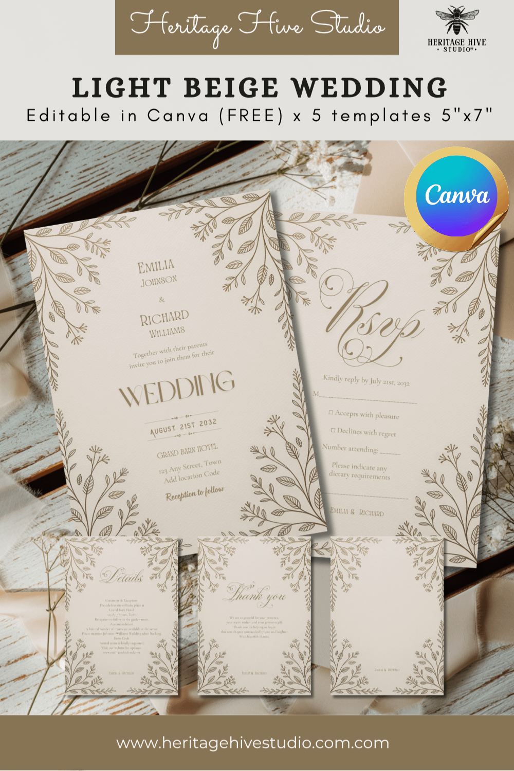 Editable Vintage Wedding Invitations | Edit in Canva | Instant Download Template | Beige Gold product image (1)