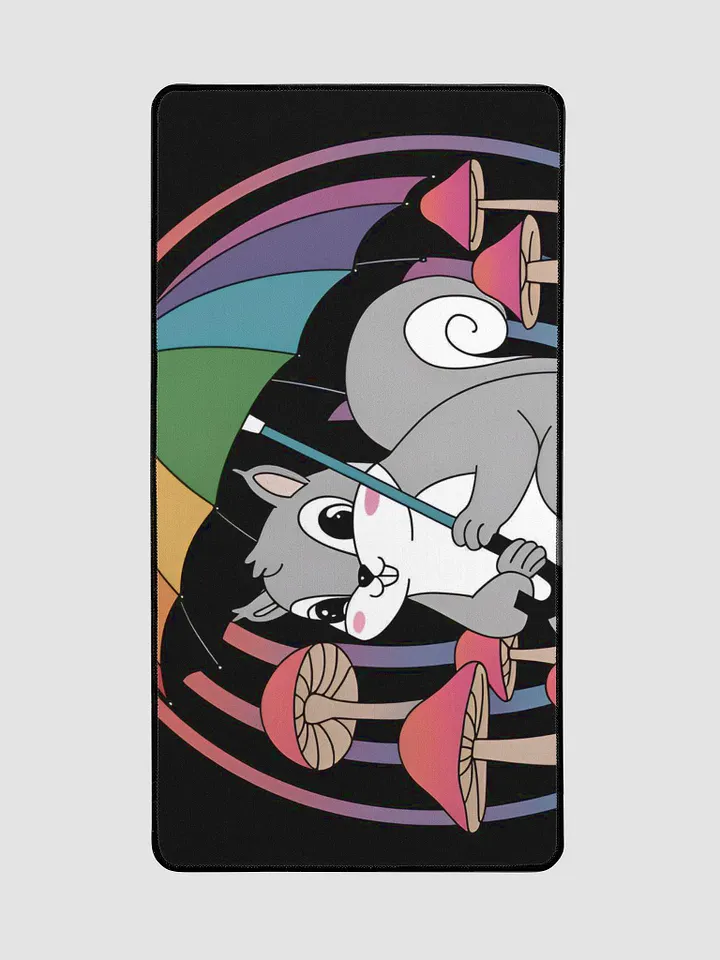 Desk Mat: Pooky Singing in the rain with his rainbow umbrella, surrounded by yummy mushrooms product image (2)