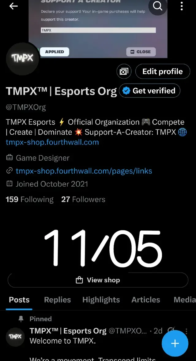 We at TMPX will be posting here soon once tournaments start up. In the meantime, follow us on Twitter/X (@TMPXOrg) for daily updates, promos, and esports announcements! Tournament clips and ranked gameplay are coming soon. 💜 #TMPX #TMPXOrg #TMPXEsports #EpicPartner #Fortnite 