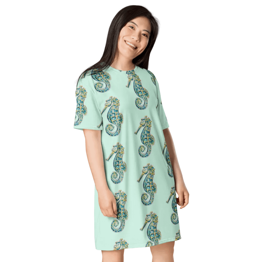Women's | Ocean Majesty | Painted Seahorse | T-Shirt Dress | Coastal Oversized Dress | Ocean-Inspired Casual Style | Hummingbird Background product image (4)