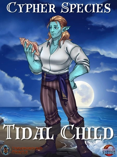 An ad card for the Underground Oracle member bonus, Cypher Species: Tidal Child. It features a woman with scales and fins holding a conch and standing on a moonlit beach. Art by Noxbatty.