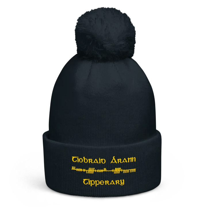 Tipperary/Tiobraid Árann Orthodox style Ogham, navy with gold, embroidered Pom-Pom Beanie product image (1)