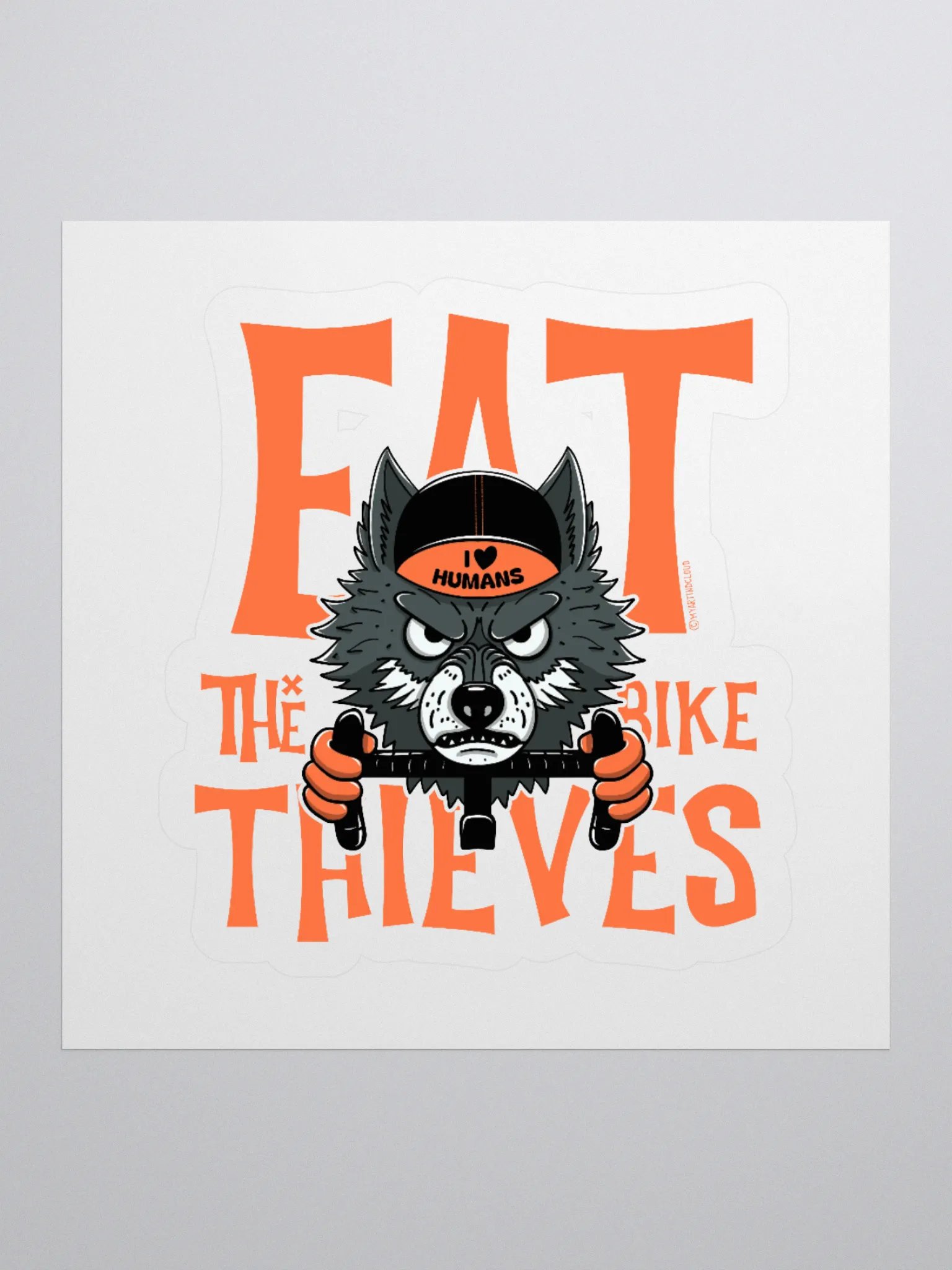 Eat the Bike Thieves, Wolf Cyclist Die-Cut Sticker – Funny Cycling Sticker for Laptops, Helmets & Water Bottles product image (1)