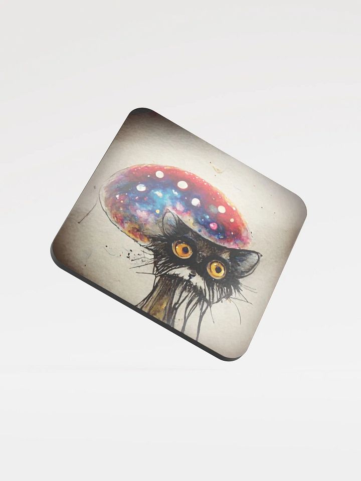 Whimsical Cat and Mushroom Glossed Cork Coaster product image (1)