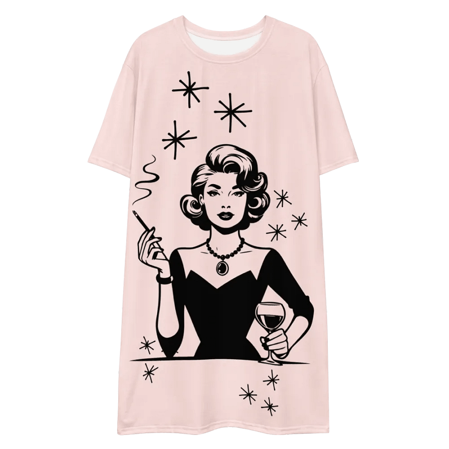 Retro Woman Drinking Wine T-Shirt Dress, Misty Rose product image (10)