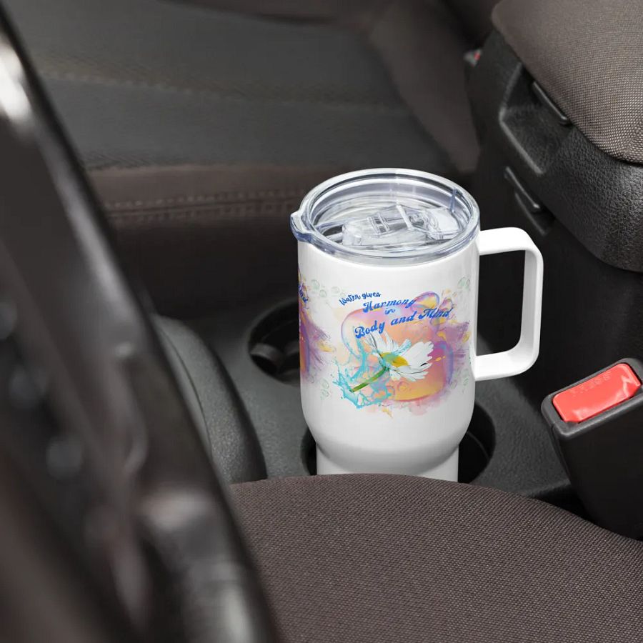 Travel mug with handle with beautiful swirly blue water drops  featuring This water gives Harmony in Body and Mind'. product image (7)