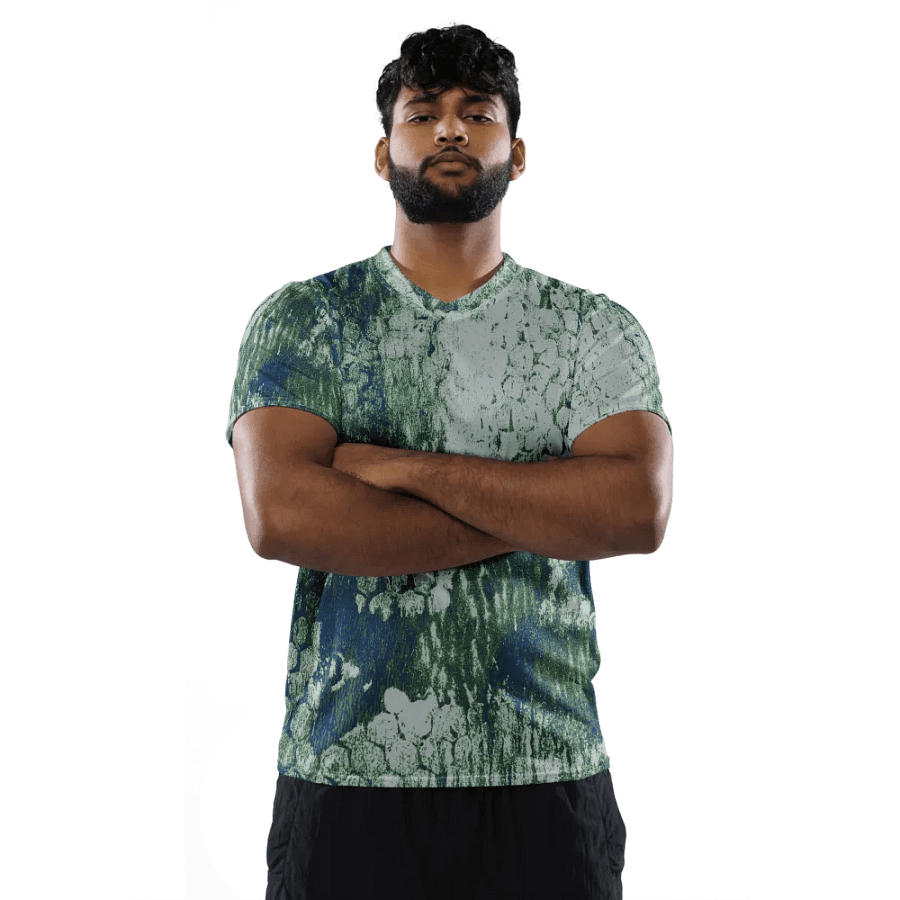 Honeycomb Grunge Unisex T-shirt in Mossy Green and Deep Blue on Bright Sand product image (2)