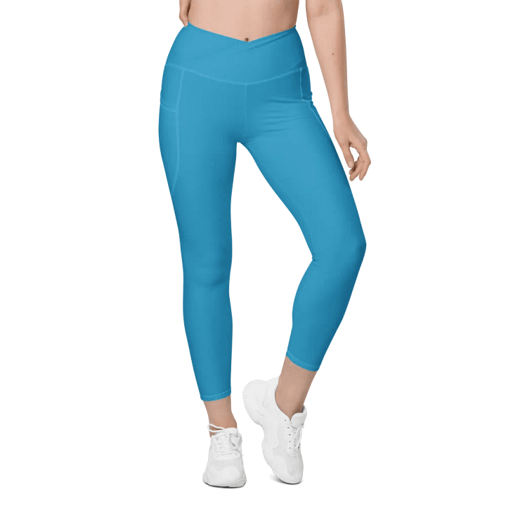Plain Medium Blue Light Summer Women's High Waisted Premium Crossover Leggings with Pockets by Treasure Pie product image (2)