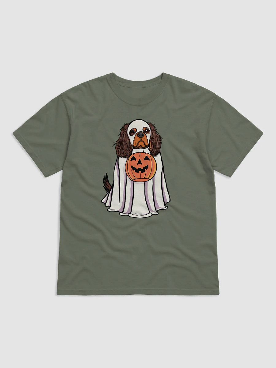 Funny Halloween Cavalier King Charles Spaniel(Brown & Tan) T-Shirt | Funny Cavalier Wearing a Ghost Costume and Holding a Pumpkin Basket product image (8)