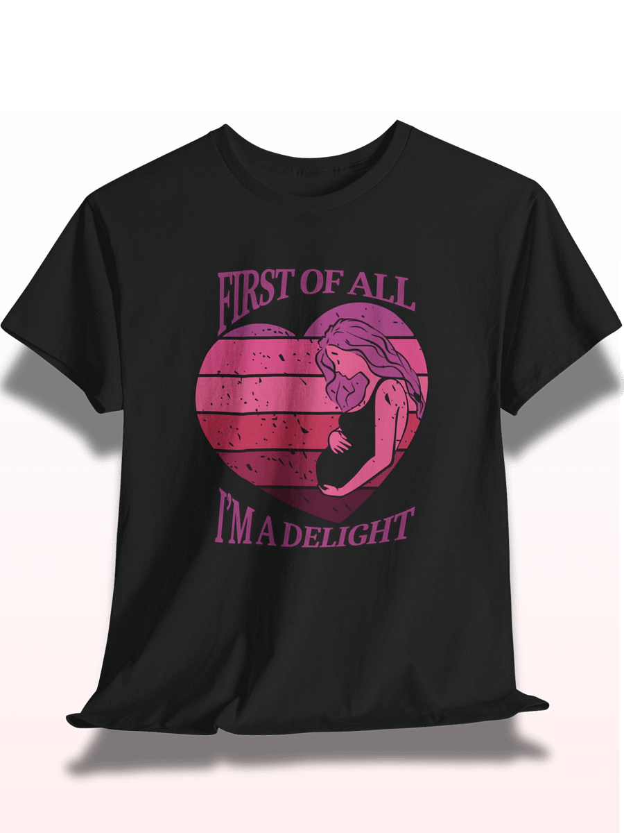 'First Of All I'm A Delight' Pregnancy Announcement T-Shirt | Pink Sunset Heart Graphic | Cute Expecting Mom Tee product image (1)