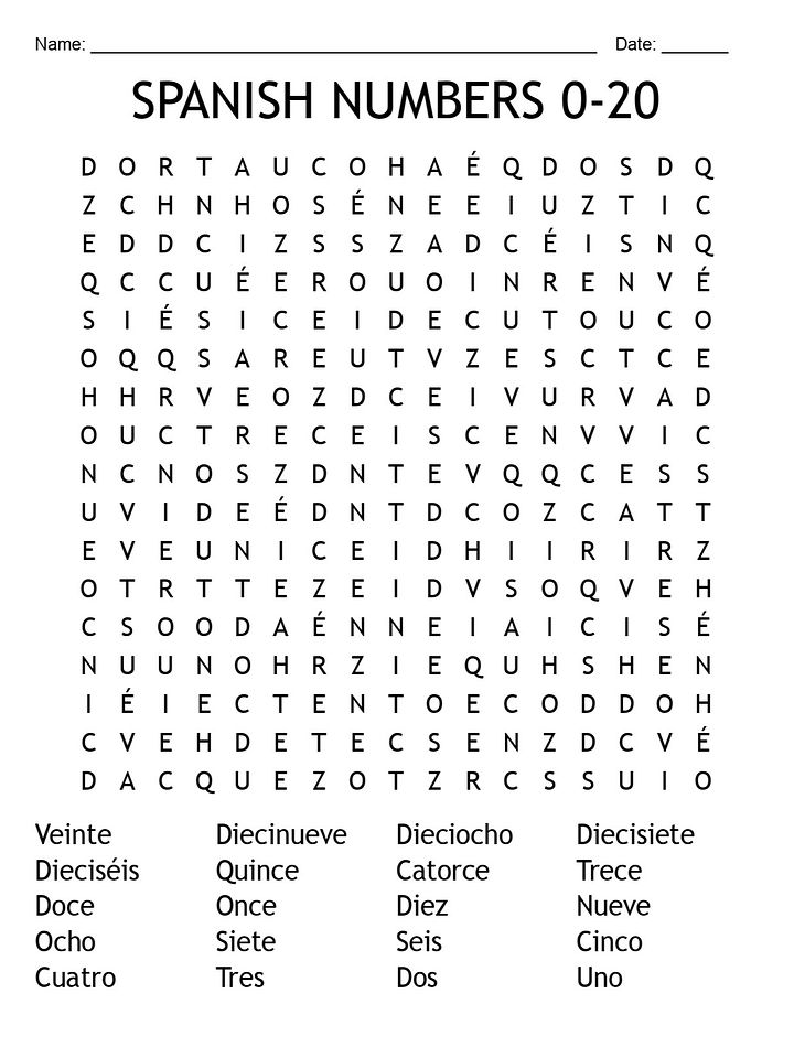 Printable Spanish Word Search – Numbers (1–20) Vocabulary Puzzle Activity! product image (1)