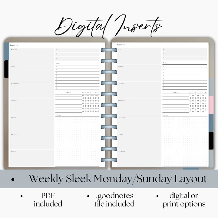 Weekly Sleek Sunday & Monday Layout Digital Planner Insert- Portrait Orientation product image (1)